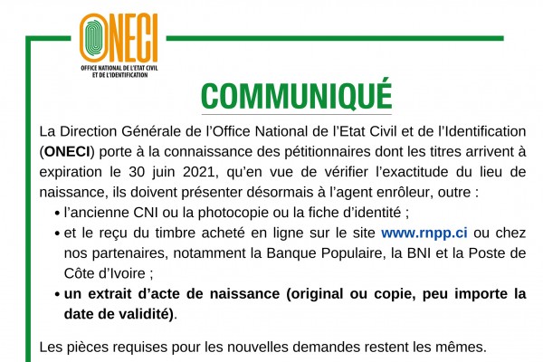 Communiqué sur la présentation de l'extrait de naissance pour le renouvellement de la CNI