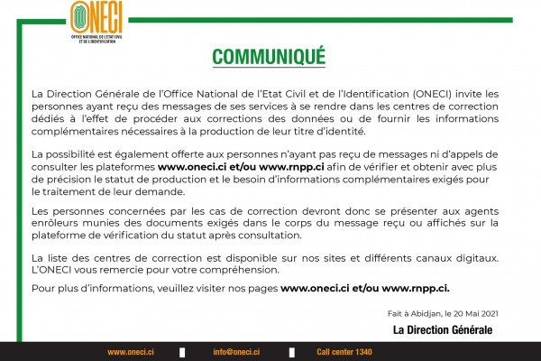 Communiqué relatif à la correction des erreurs sur la CNI
