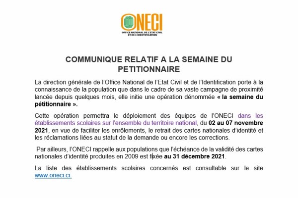 Communiqué relatif à la semaine du pétitionnaire