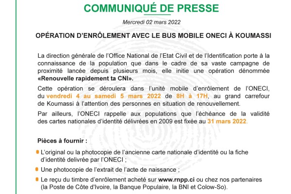 OPERATION D'ENRÔLEMENT AVEC LE BUS MOBILE ONECI Â KOUMASSI